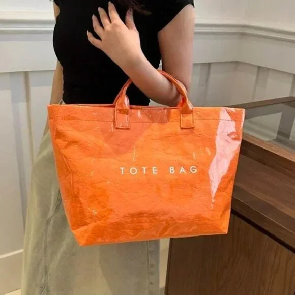 Large Orange Glossy PVC Tote Bag Lightweight Everyday Shopping Handbag - Picture 4 of 4